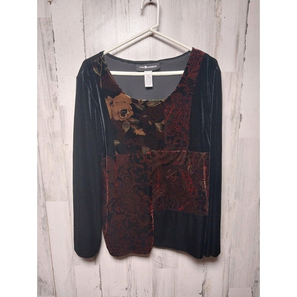 Sag Harbor Women’s Large Blouse Velour Floral Glittered Long Sleeve Soft